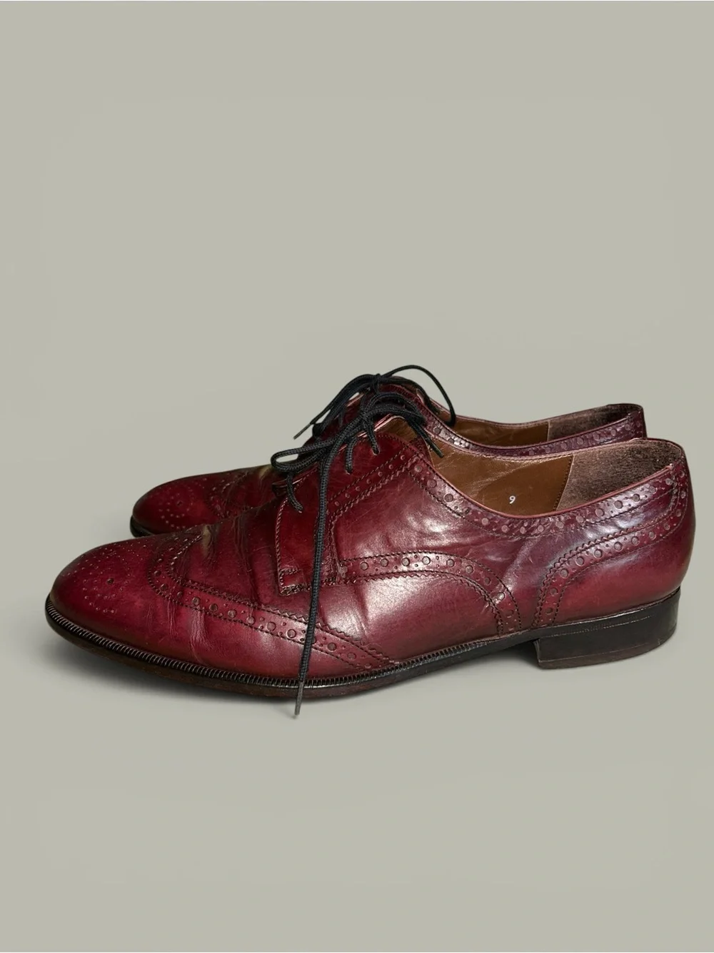 Bally Wingtip Oxblood Leather Brogue Wingtips Mens Size 9 Vintage Made In Italy